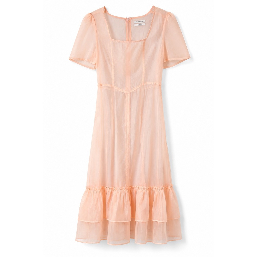 Urban Outfitters Blush Pink Sheer Organza Midi Dress Square Neck Ruffle Hem Sz L